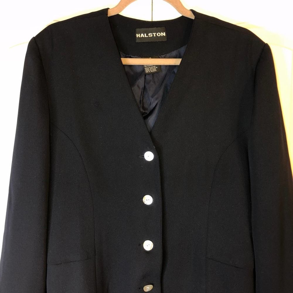 HALSTON Womens Navy Mother of Pearl Button Down Blazer Size 10 - Picture 5 of 10